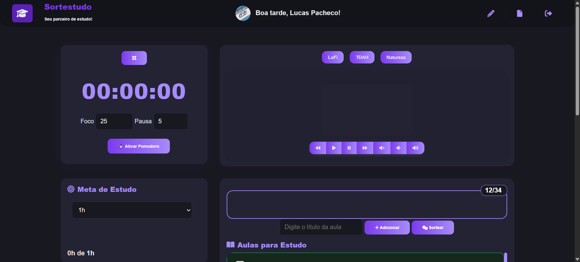 Captura de tela do projeto Sortestudo